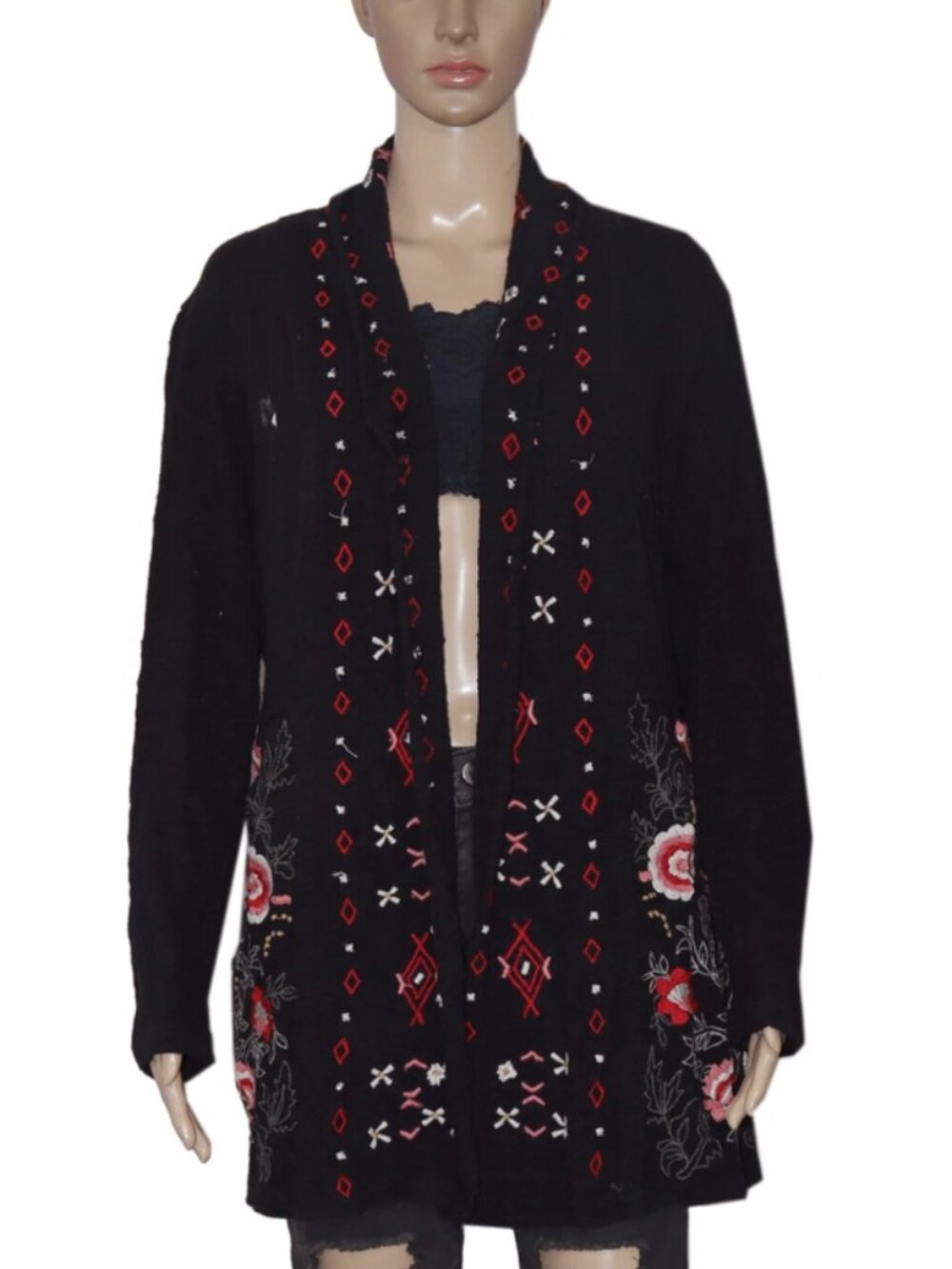 Caite Floral Embroidered Front Open Quarter Sleeve Black Tunic Shrug Jacket S